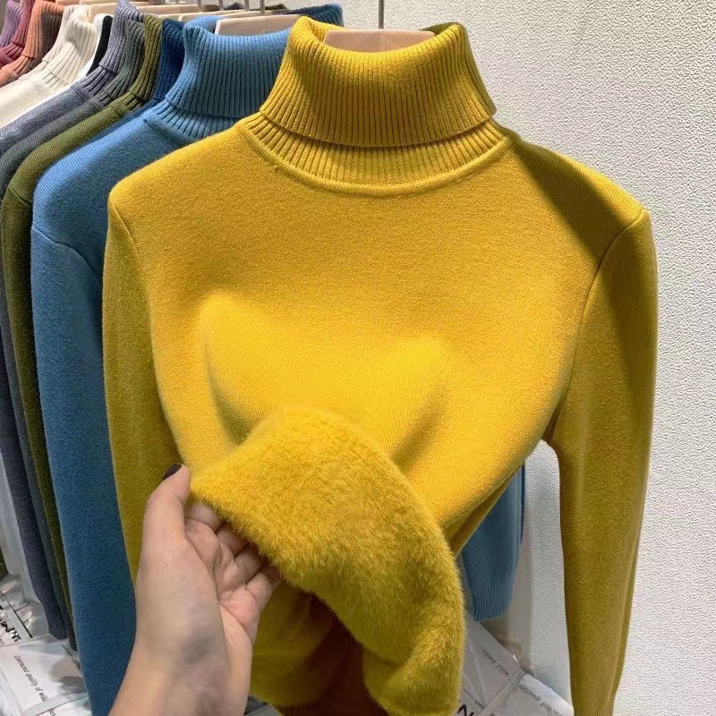 Suéter grueso forrado de vellón para mujer 2023 Otoño e Invierno Nuevo suéter de terciopelo de una pieza suéter de camisa de fondo delgado de manga larga para mujer image 13