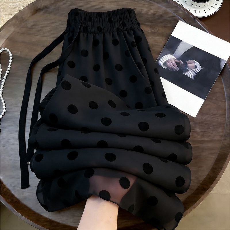 Black Polka Dot Straight-Leg Pants for Women, 2026 Summer New High-Waisted Loose Drapey Age-Reducing Versatile Casual Pants for Commuting