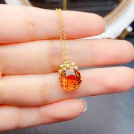 天然S925银黄水晶吊坠10*10mm轻奢高级感项链 新款网红饰品批发