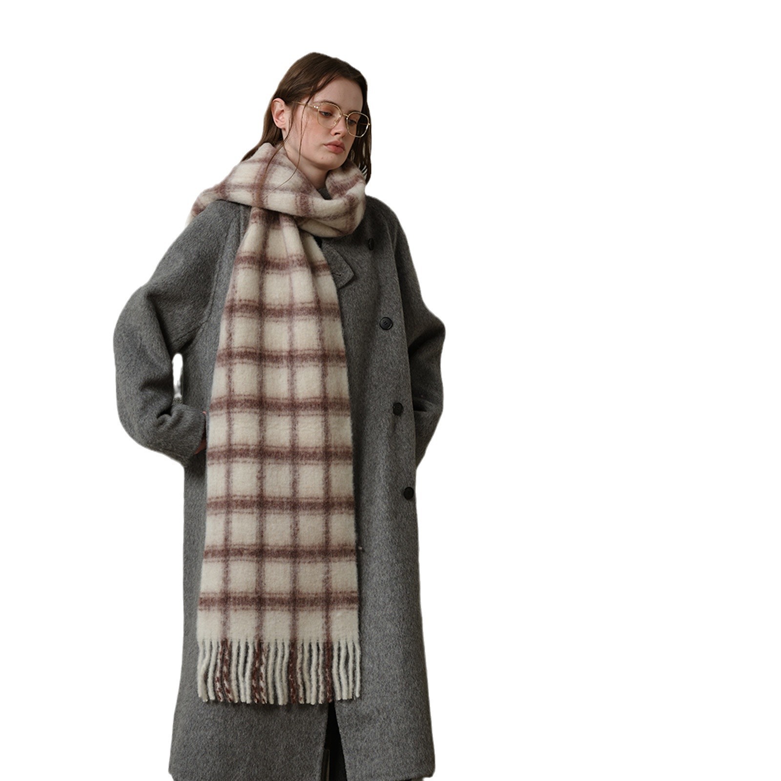 Wollkarierter Schal Damen Herbst und Winter Erhöhen Sie die weiche und einfache Atmosphäre Rosa karierter Schal Schal_voghion.com