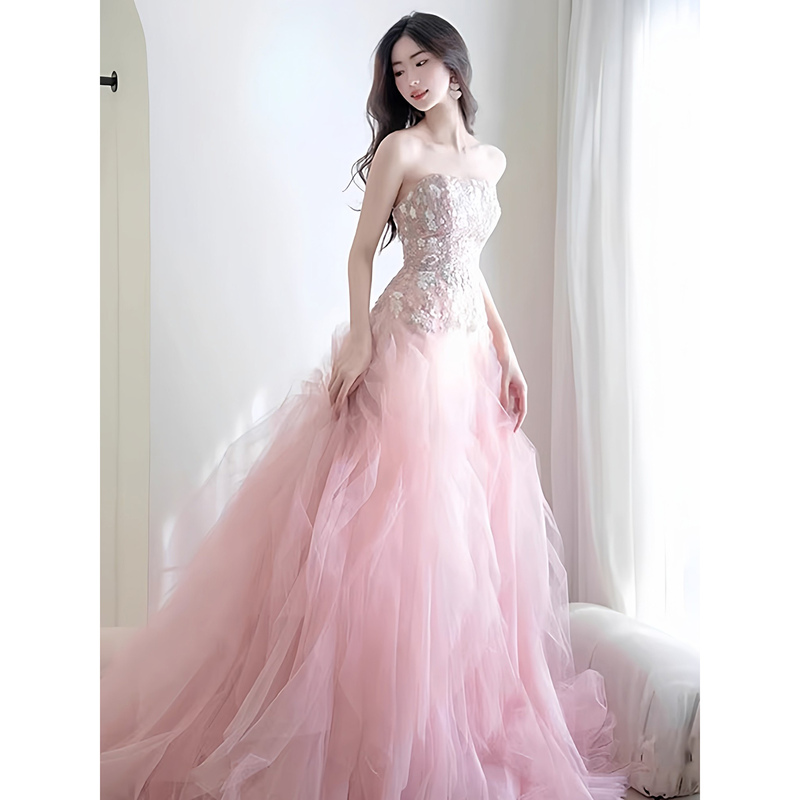 Pink Strapless Evening Dress for Women, Light Luxury Niche Style, Suitable for Hosts, Birthday, 18Th Birthday, Coming-Of-Age Ceremony, Girls' Art Exam, and Puffy Dresses
