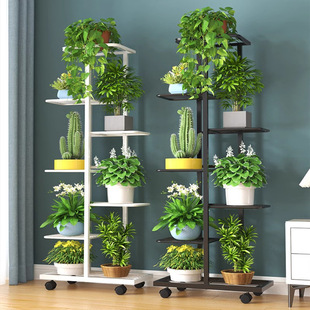 Flower Rack Balcony with Rollers Multi-Layer Stepped Succulent Pothos Flower Pot Rack Living Room Mobile Flower Growing Iron Flower Rack