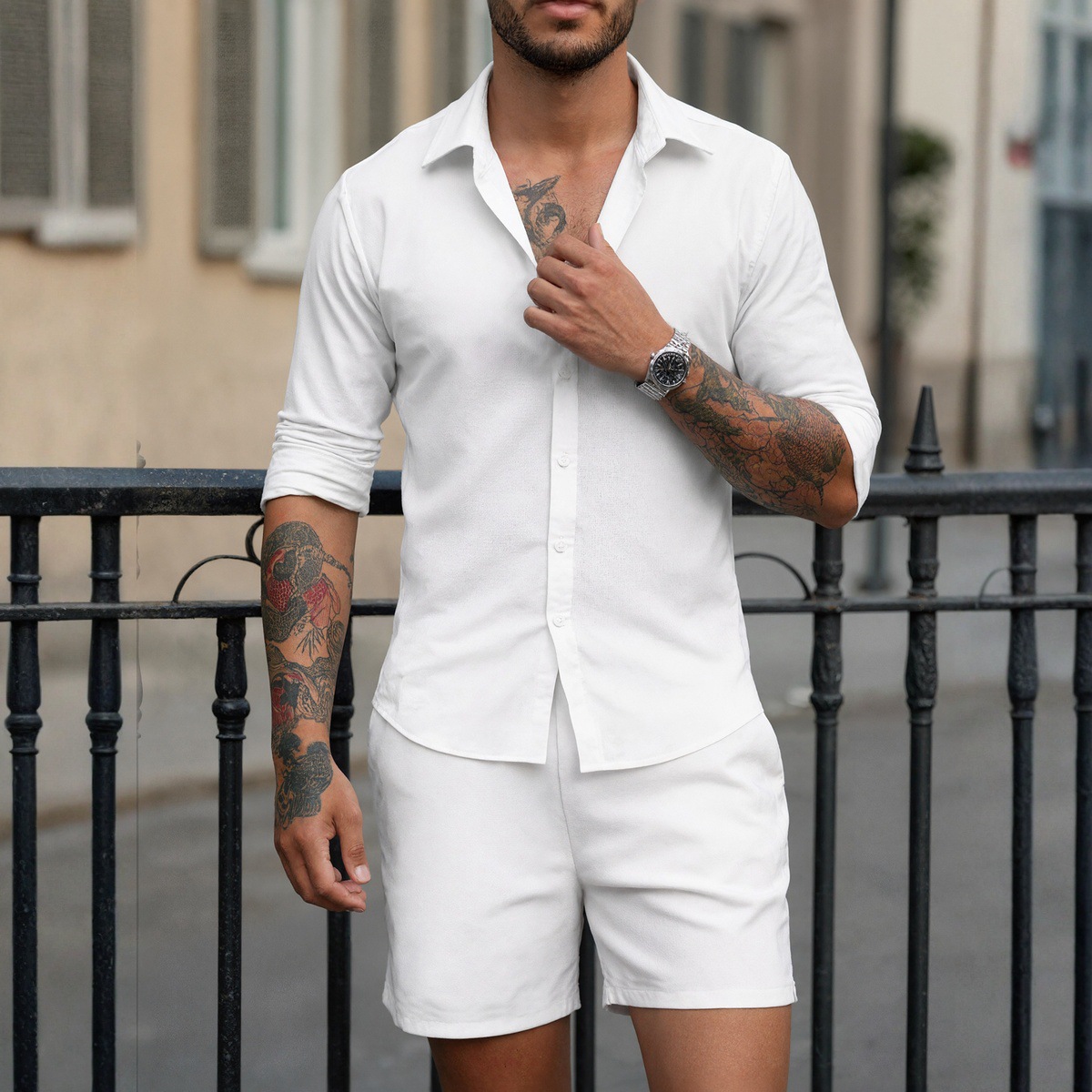 Ensemble deux pièces chemise et short décontracté/formel pour homme, collection printemps/été 2026, style transfrontalier européen/américain, référence 260115_voghion.com