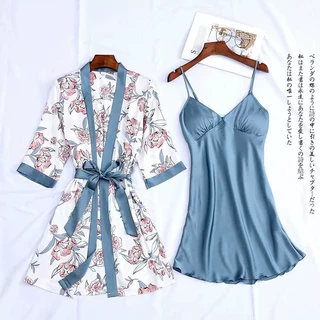 外贸女士睡衣两件套套装性感印花吊裙睡袍套装仿真丝两件套家居服