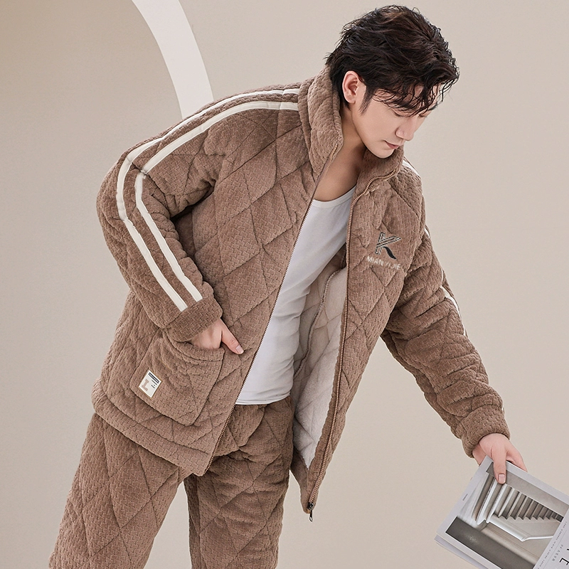 Зимний коралловый бархатный пижама, осенний demi-season стеганый флис теплоизоляционный комплект, увеличенная толщина