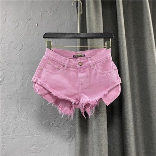 2025 New Women's Korean Style Personalized Low Waist Pink Denim Shorts Personalized Exposed Pocket Wide Leg Hot Pants A-Line Pants