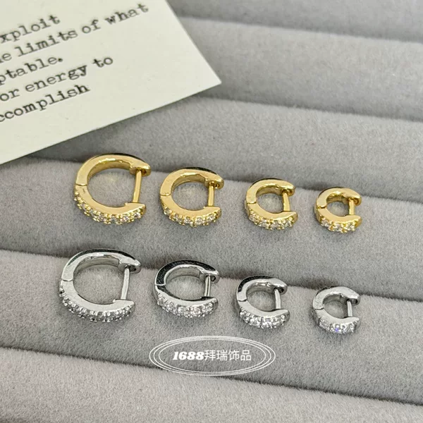 Basic Commuter Versatile Micro-Inlaid Zirconia Ear Hoops with Straight Pin and Diamond-Edged Ear Cuffs, Stackable, Copper Eco-Friendly Electroplating
