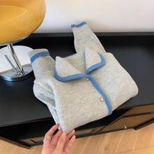 韩系温柔风灰色翻领毛衣针织开衫女外套新款秋冬娃娃领羊毛上衣