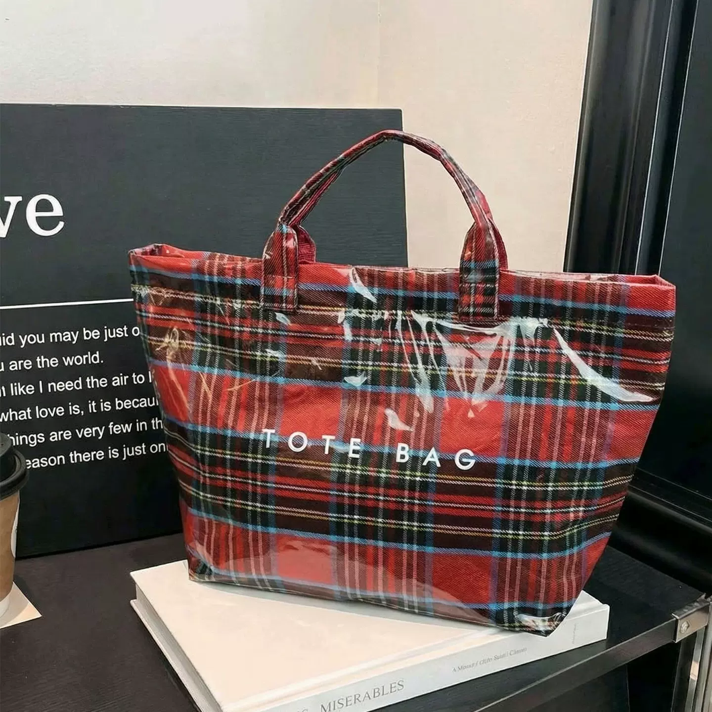 日系潮流格子大容量旅行通勤手提包包女跨境时尚轻便字母托特包