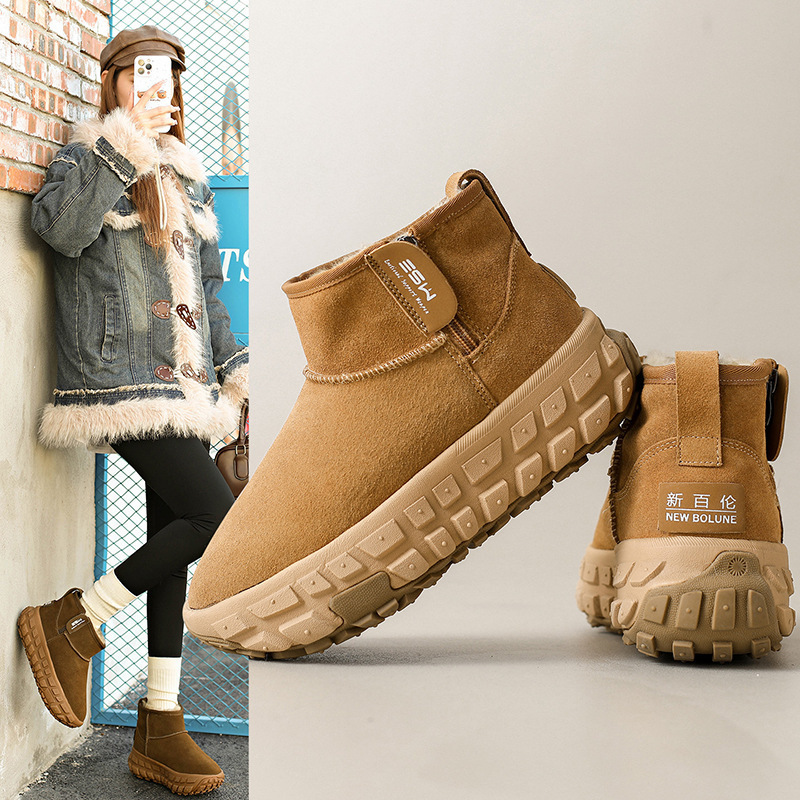 Real Cowhide - Real Wool New Balance Tire Sole Snow Boots for Women 2025 Winter New Velvet Thick Sole Snow Boots