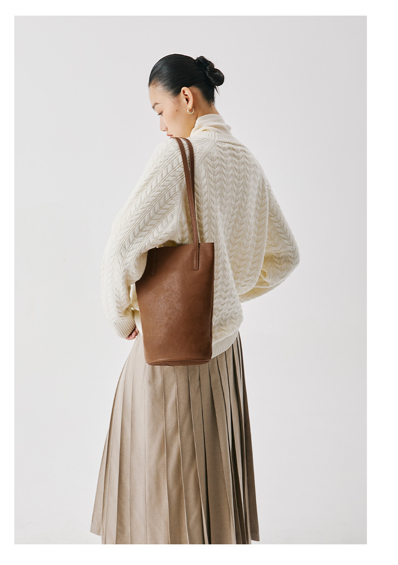 Qiu Zhen Lazy Water Bucket Genuine Shoulder Unique Soft Leather Women's Ba, Commutin Top Layer Plant Tanned Cowhide_voghion.com