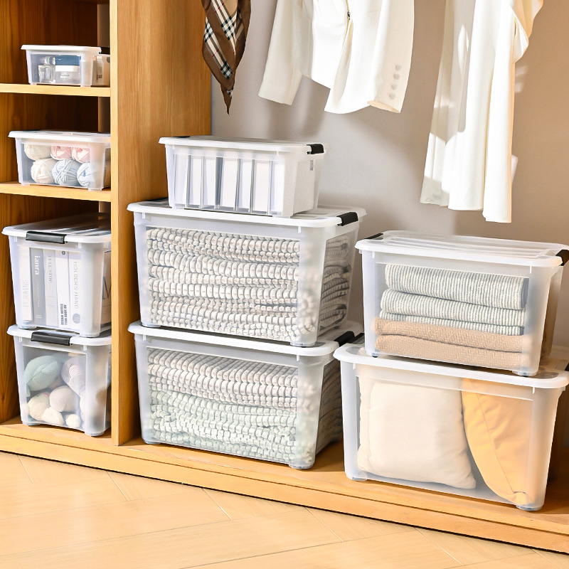 Transparent Movable Storage Box, Toy Plastic Storage Box, Clothes, Quilts, Storage Box with Lid and Wheels