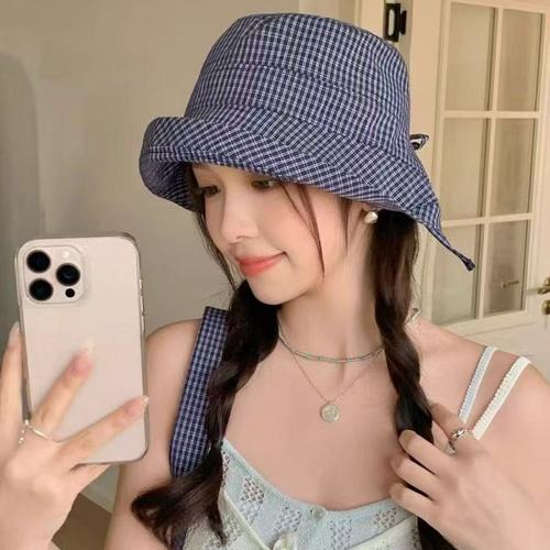 Japanese Retro Gingham Fisherman Hat for Women - Summer Thin Model Breathable Sun Hat for Face Slimming and Versatile Sun Hat