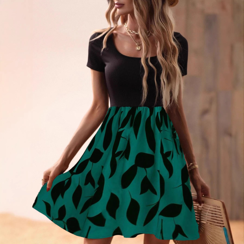 European and American Cross-Border New Fashion Women's Clothing with Patchwork Round Neck Design Short Dress | Elegant and Comfortable for Everyday Wear