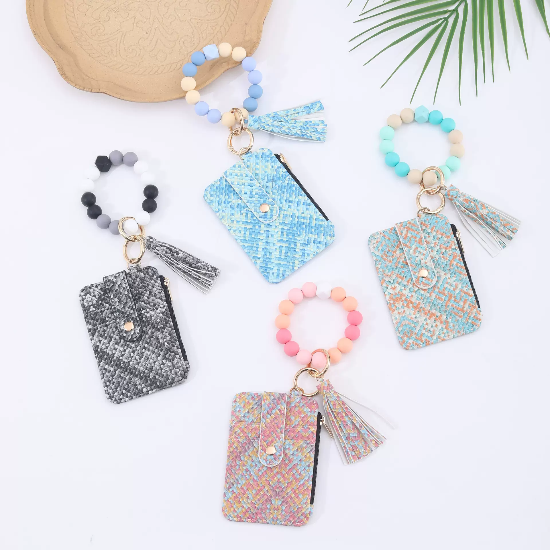 新款欧美跨境硅胶串珠手串编织纹卡包零钱包手腕流苏钥匙扣卡套