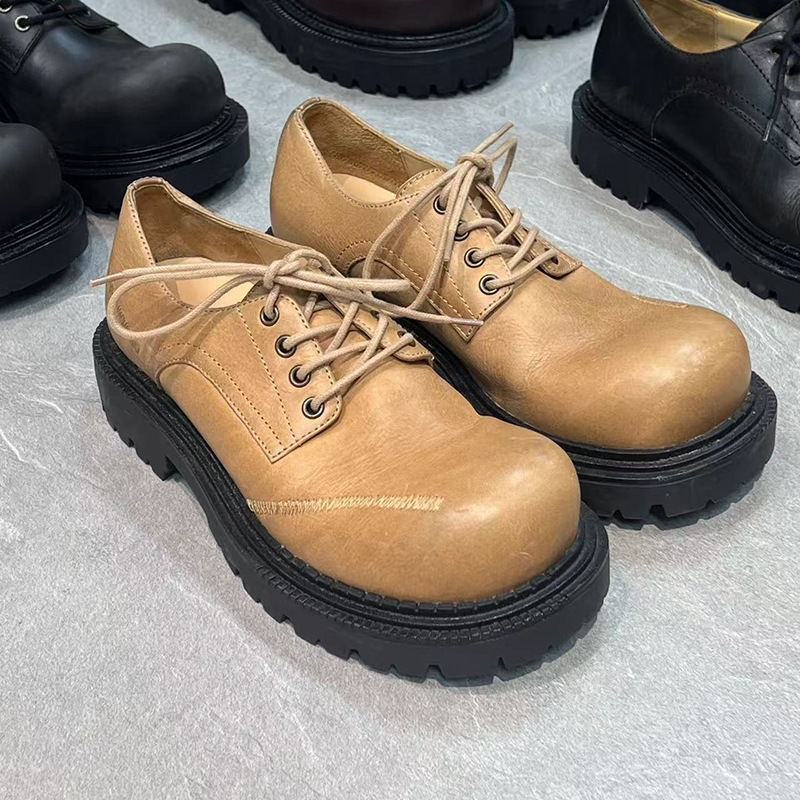 Small Leather Shoes Women's Thick Sole Elevated 2025 New Spring and Autumn Fashion Big Head Lace-up Retro British Style Lefu Single-layer Shoes Small Leather Shoes Women's Thick Sole Elevated 2025 New Spring and Autumn Fashion Big Head Lace-up Retro British Style Lefu Single-layer Shoes