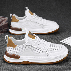 男士休閒鞋2024新款夏季透氣白色皮鞋男款軟底運動鞋上班百搭白鞋