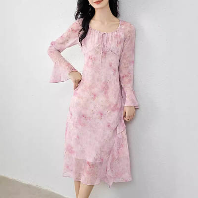 French Style Pink Floral Long Dress 2024 Autumn New Slimming High Waist Vacation Chiffon dress 63656