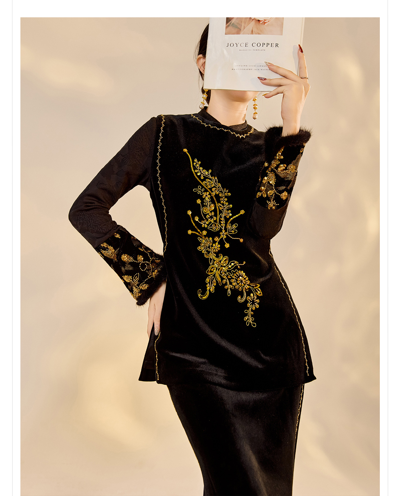 Áo vest nhung đính cườm retro không tay kết hợp chân váy đồng bộ NX005 — váy, áo vest chi tiết 6