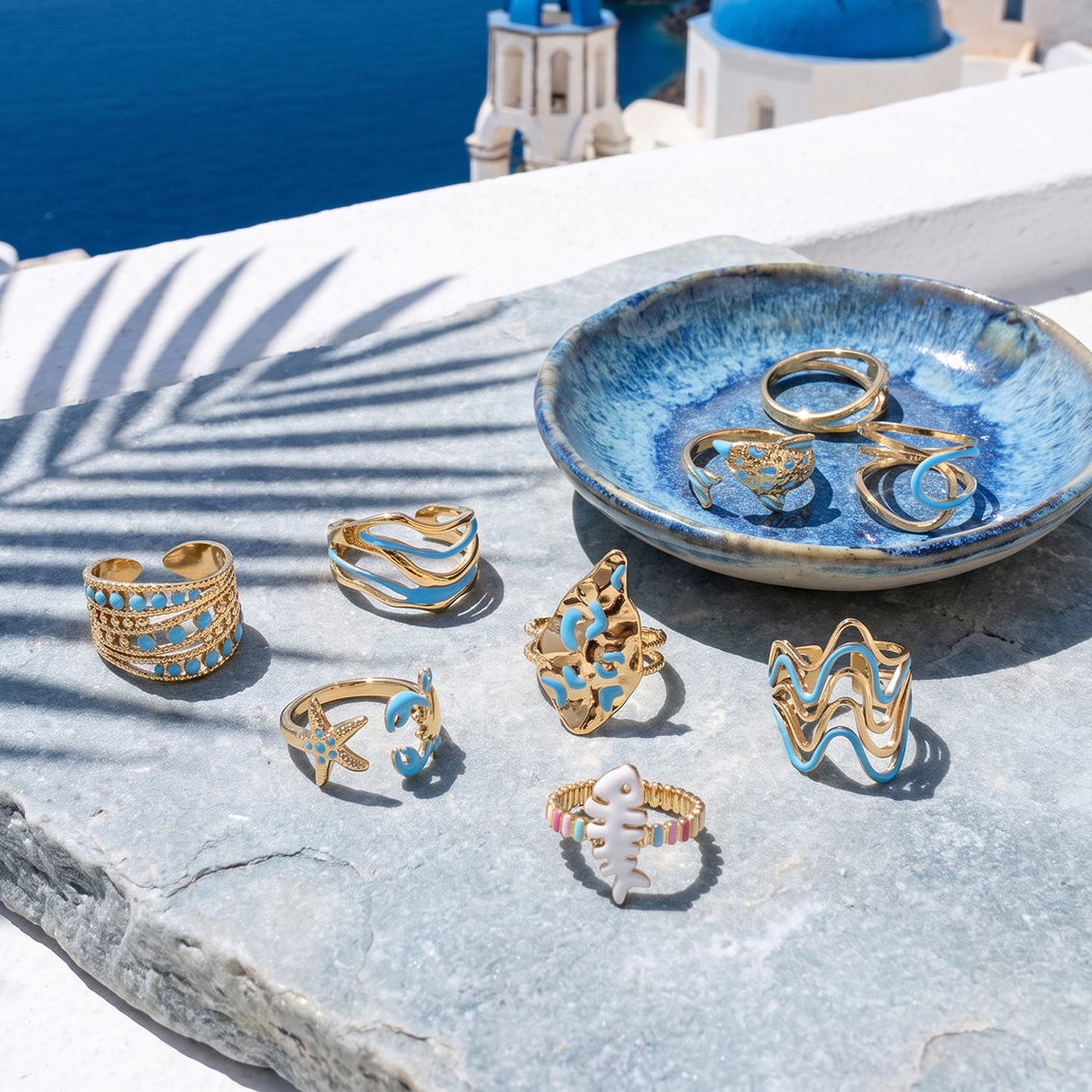 TENA Europa y América nicho de acero inoxidable transfronterizo diseño fresco azul goteo marino serie de anillo de joyería de mano de alta calidad