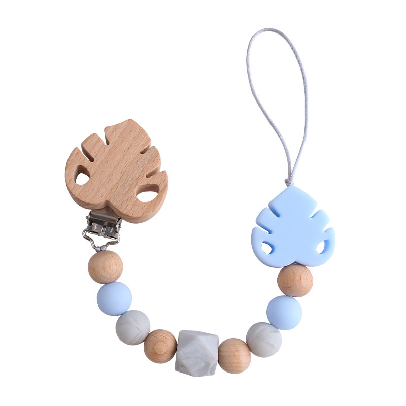 Suministros para bebés creativo clip de chupete de hoja de haya juguete mordedor bebé Cadena de chupete de hoja de silicona cadena anti-caída