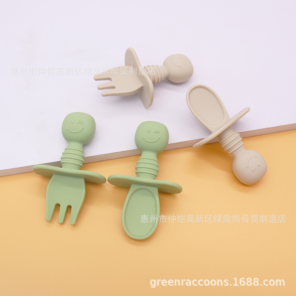 Cross-border children's tableware short handle fork spoon baby complementary food feeding training fork spoon baby platinum silicone soft spoon