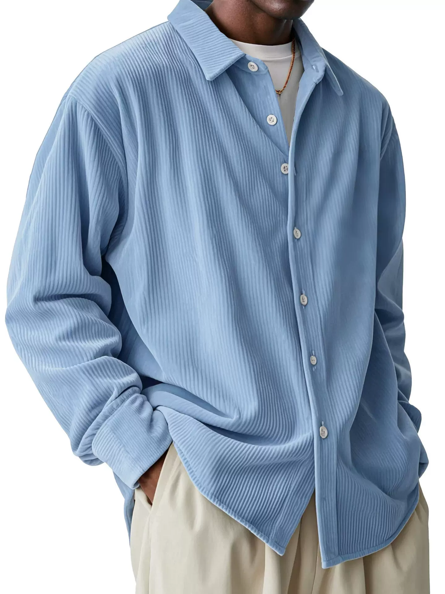 2025新款跨境欧美纯色灯芯绒衬衫男士宽松潮流长袖纯色翻领衬衫