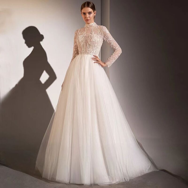 Cross-Border Light Wedding Dress for Travel Photography, Off-The-Shoulder Long-Sleeve High-Neck Lace Foreign Trade White Puffy Skirt Wedding Dress, Supports Dropshipping