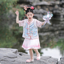 夏季新品女童套装儿童汉服中国风马甲坎肩清朝宝宝格格服一件代发