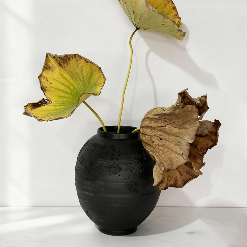 Wabi-Sabi Style Black Stoneware Jar New Chinese Style Retro Zen Ceramic Vase Ornaments B&B Tea Room Decorative Flower Utensils