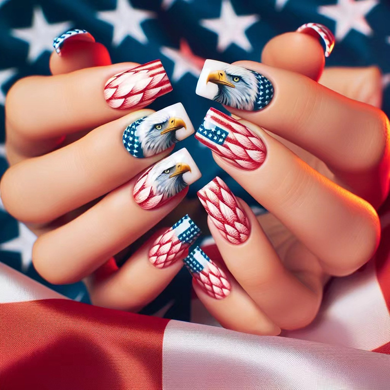 Fashion majesty American flag eagle feather design Chinese manicure piece wearing nail cross-border nail Independence Day Fashion majesty American flag eagle feather design Chinese manicure piece wearing nail cross-border nail Independence Day