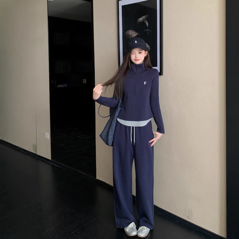 2025秋季新款胖mm大码女假两件半开领刺绣卫衣上衣阔腿裤套装|undefined