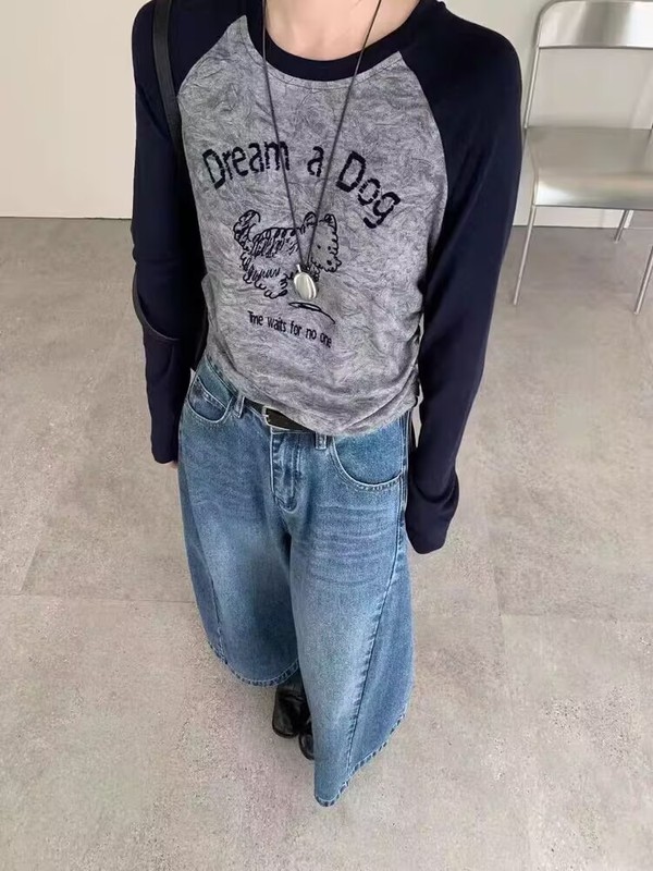 美式复古甜辣妹撞色插肩袖狗狗字母植绒晕染打底衫t恤女秋冬上衣|undefined