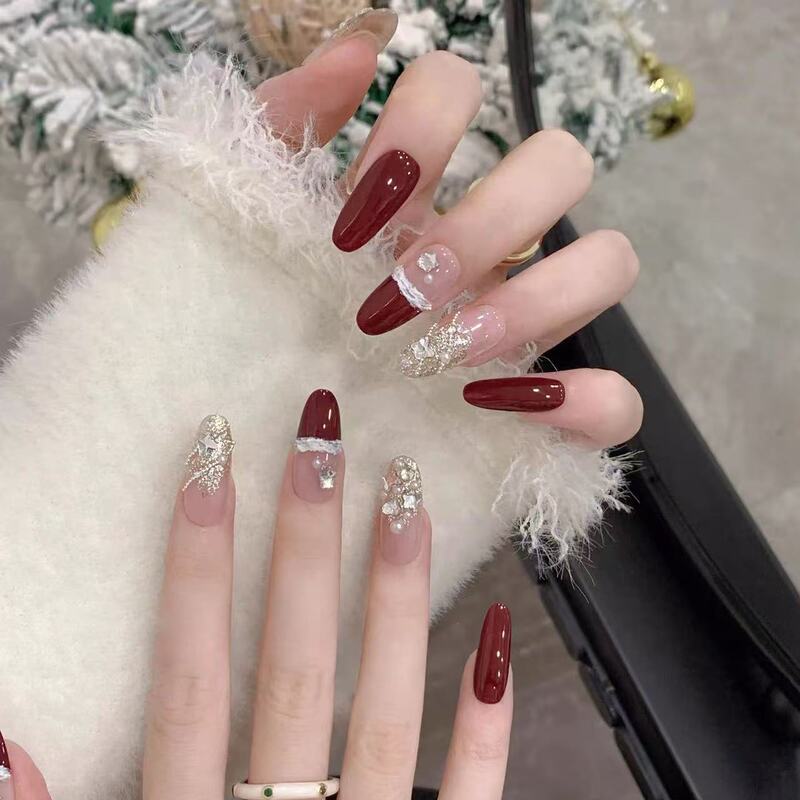 Purely Handmade Wearable Nails, New New Year's Wine Red Holiday Whitening Flash Diamond French Manicure Patches Fake Nails