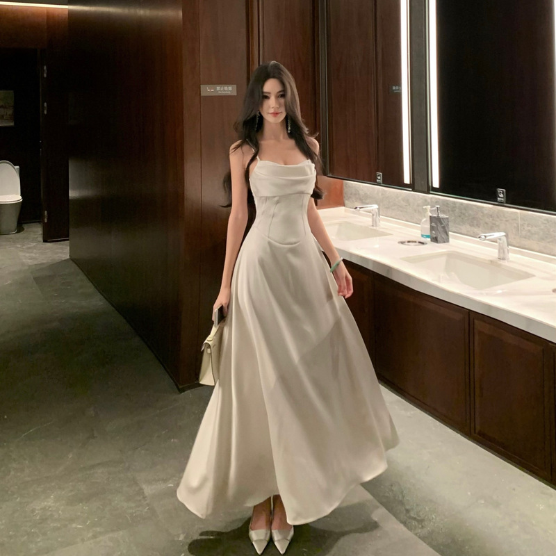 French-Style White Spaghetti Strap Dress for Summer, Satin Ruched Waist, High-End Engagement and Marriage Registration, Gentle Birthday Long Dress French-Style White Spaghetti Strap Dress for Summer, Satin Ruched Waist, High-End Engagement and Marriage Registration, Gentle Birthday Long Dress