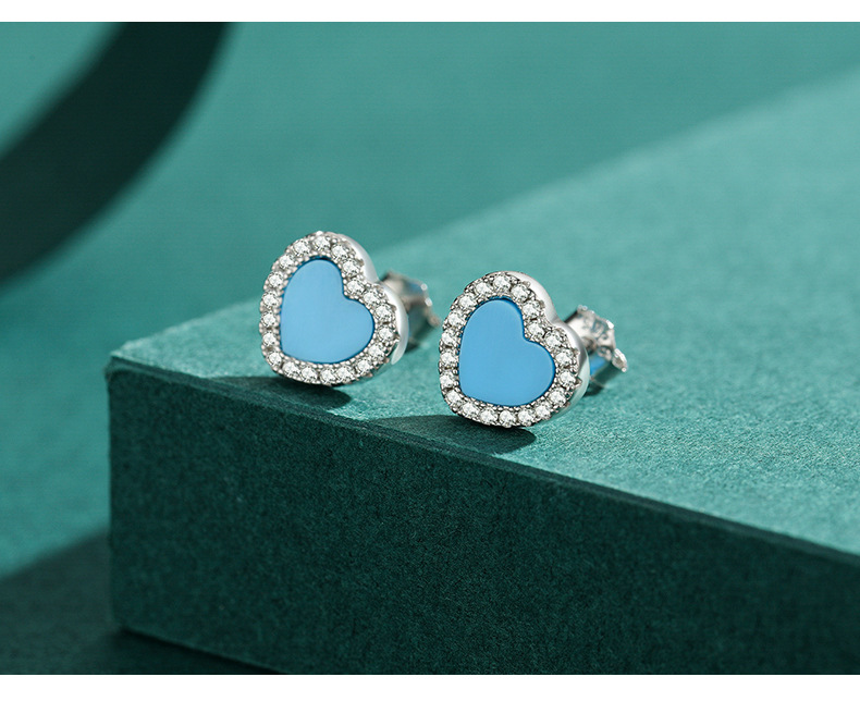 S925 Sterling Silver Heart-shaped Turquoise Stud Earrings Female display picture 1