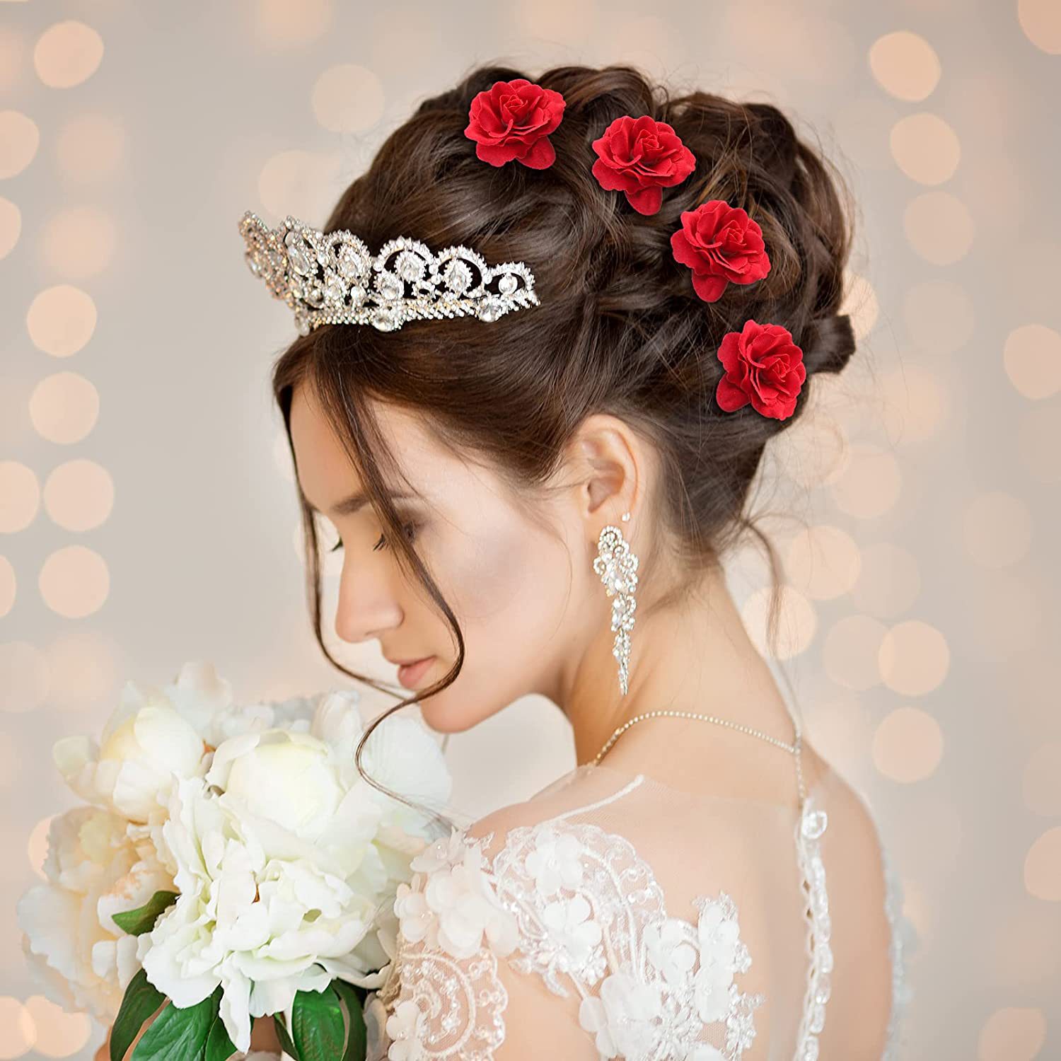 Tocado nupcial rosa roja cabeza flor horquilla clip en forma de U accesorios horquilla tostada Ropa Accesorios para el cabello boda femenina