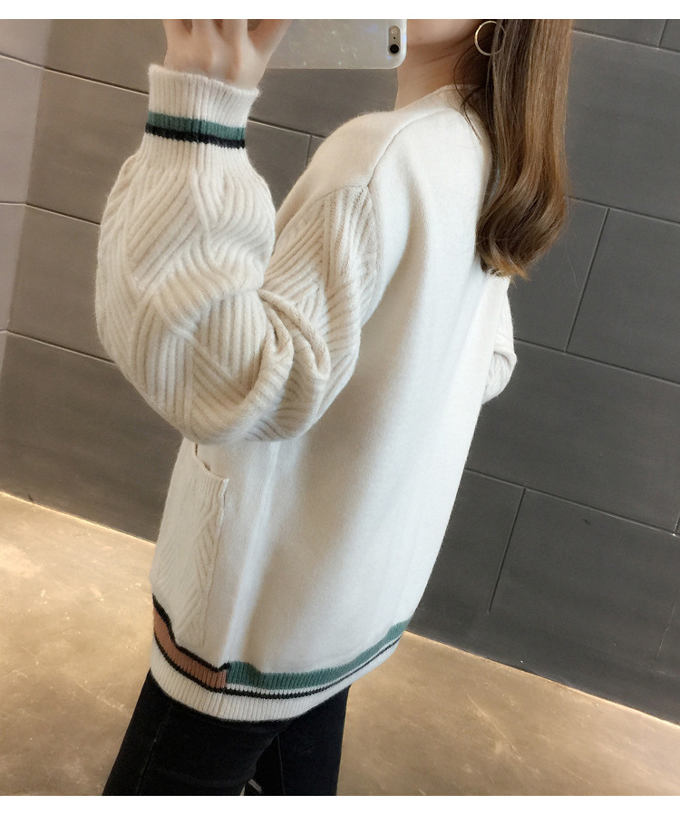 Women's Clothing Knitted Sweater V Neck All match Small Cardigan Jacket Women's Colorblock Sweater _voghion.com