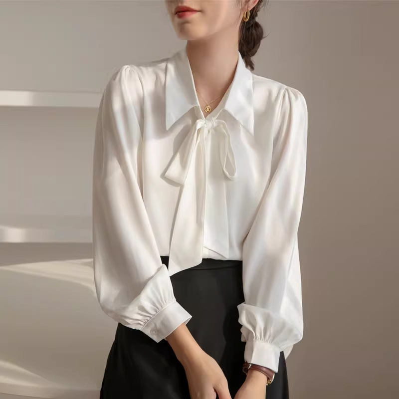 Chiffon Bow Tie Shirt for Women, Light and Professional, Long-Sleeved, Professional Formal Wear, Interview, White Shirt, Top for Commuting
