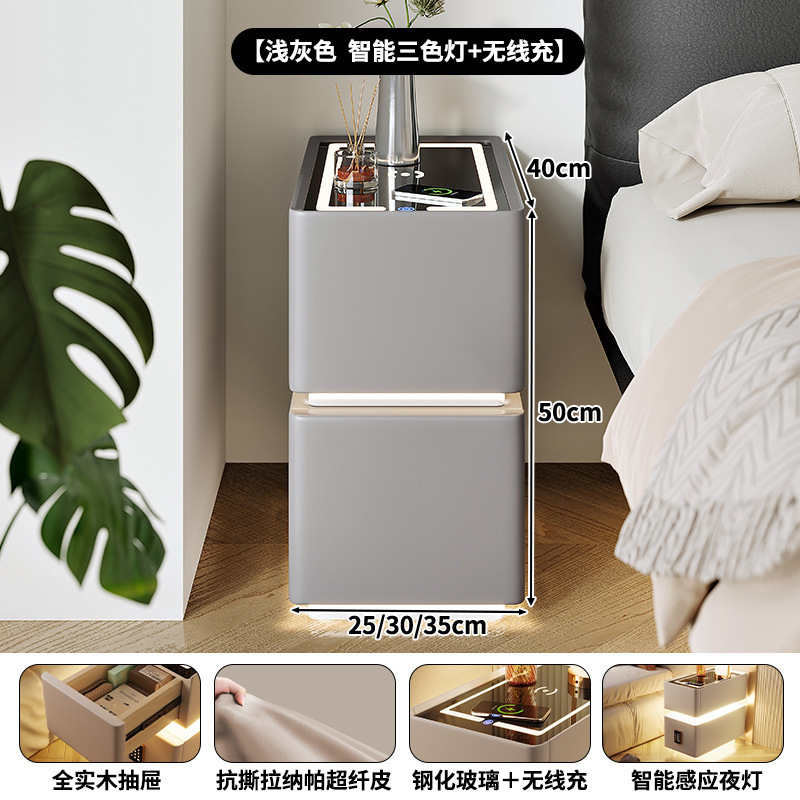 Mesita de noche inteligente, pequeña lámpara de banda ultra estrecha, cargador inalámbrico, gabinete de almacenamiento de dormitorio doméstico, gabinete estrecho con borde de cama de apartamento pequeño
