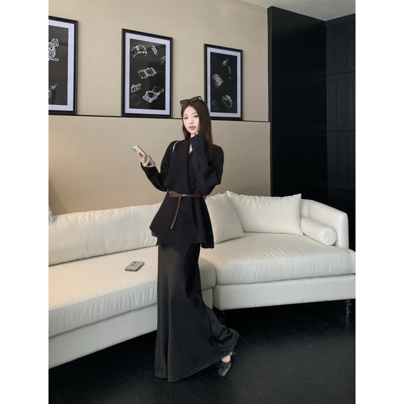 大码女装美廓行针织衫气质翻领收腰外套+高腰半身裙时尚套装|undefined