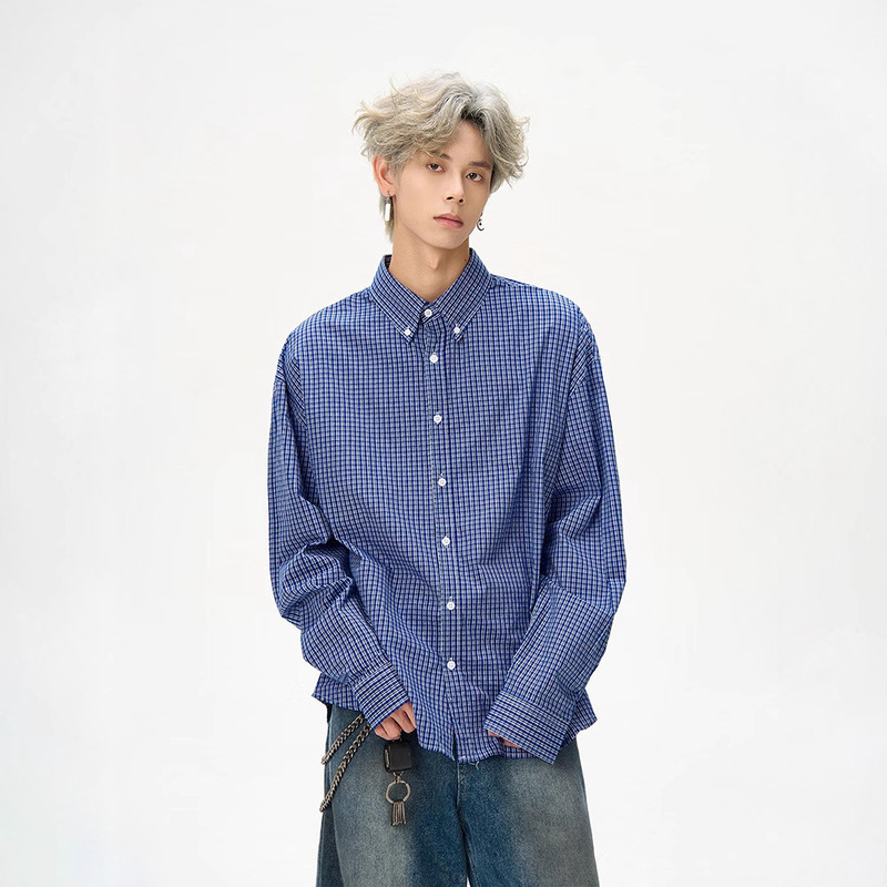 American Style Retro High Street Plaid Long-sleeved Shirt Men's Spring and Autumn Niche Design All-match Loose Jacket Trendy Shirt