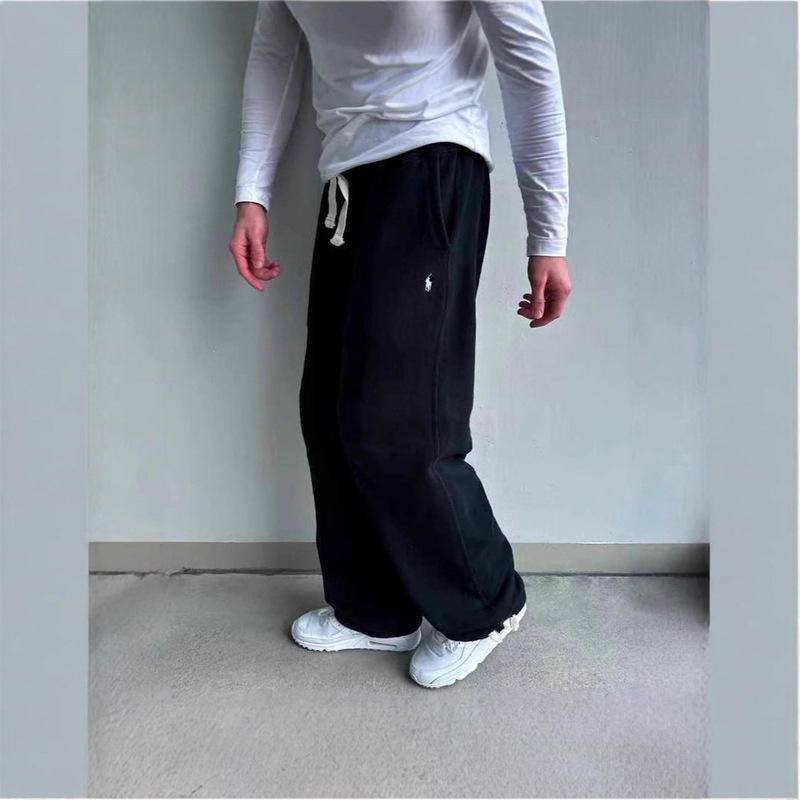 Trendy Sweatpants with Fleece Embroidery, Vintage Street Fashion, Simple Elastic Waist, Loose Fit, Sports Casual Straight-Leg Men's Pants