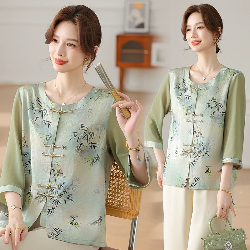 Летняя женская одежда среднего и пожилого возраста новый китайский стиль бабушки семь рукавов шифоновая рубашка топ мама летняя рубашка