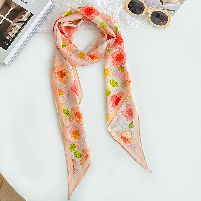 Bufanda de seda, banda larga, sentido de alta calidad, flor de doble cara, sentido de la atmósfera coreana, pañuelo, cinturón para el cabello, bufanda decorativa, bufanda fina, chal