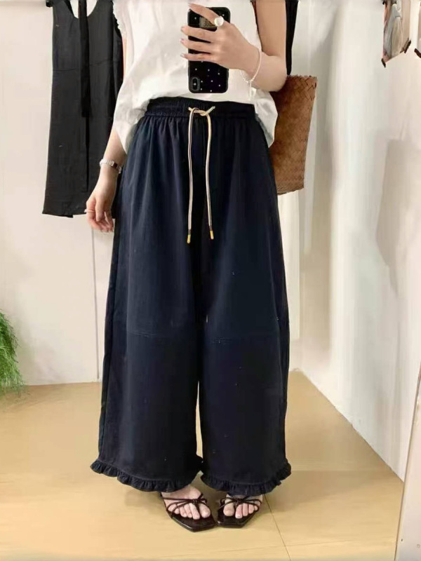 韩版复古时尚显瘦高级阔腿裤女夏款松弛慵懒宽松大摆宽松木耳花边|undefined