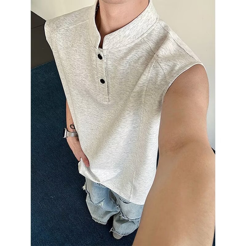 New summer Henley collar sleeveless vest for men, American casual fitness sports vest, solid color, versatile and trendy top