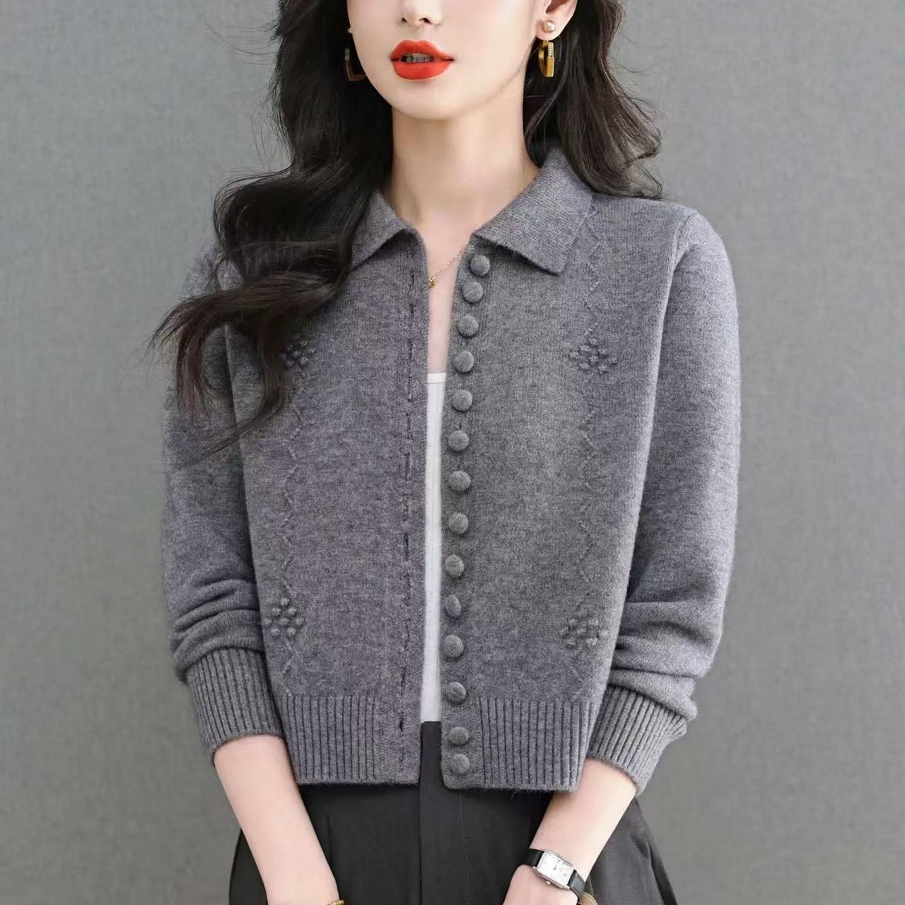 西装领羊毛高腰针织开衫女春秋新翻领短衣外搭小衫毛衣外套上衣