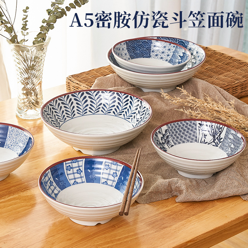 Noodle shop commercial blue and white porcelain soup bowl melamine anti-fall rice noodle bowl beef ramen bowl retro Chinese stewed noodles bucket bowl