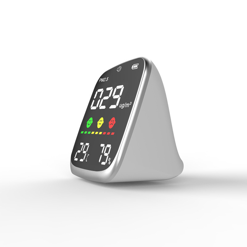 Suministro directo de la fuente, función de alarma, detector de calidad del aire PM2.5, temperatura y humedad, comercio inglés